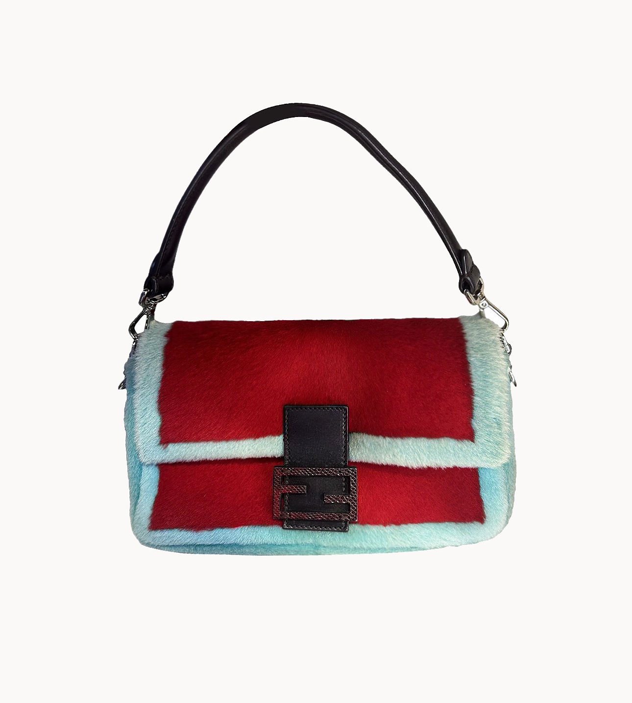 Fendi Baguette Red & Turquoise Fur with Snakeskin FF Clasp 25th Anniversary Re-issue
