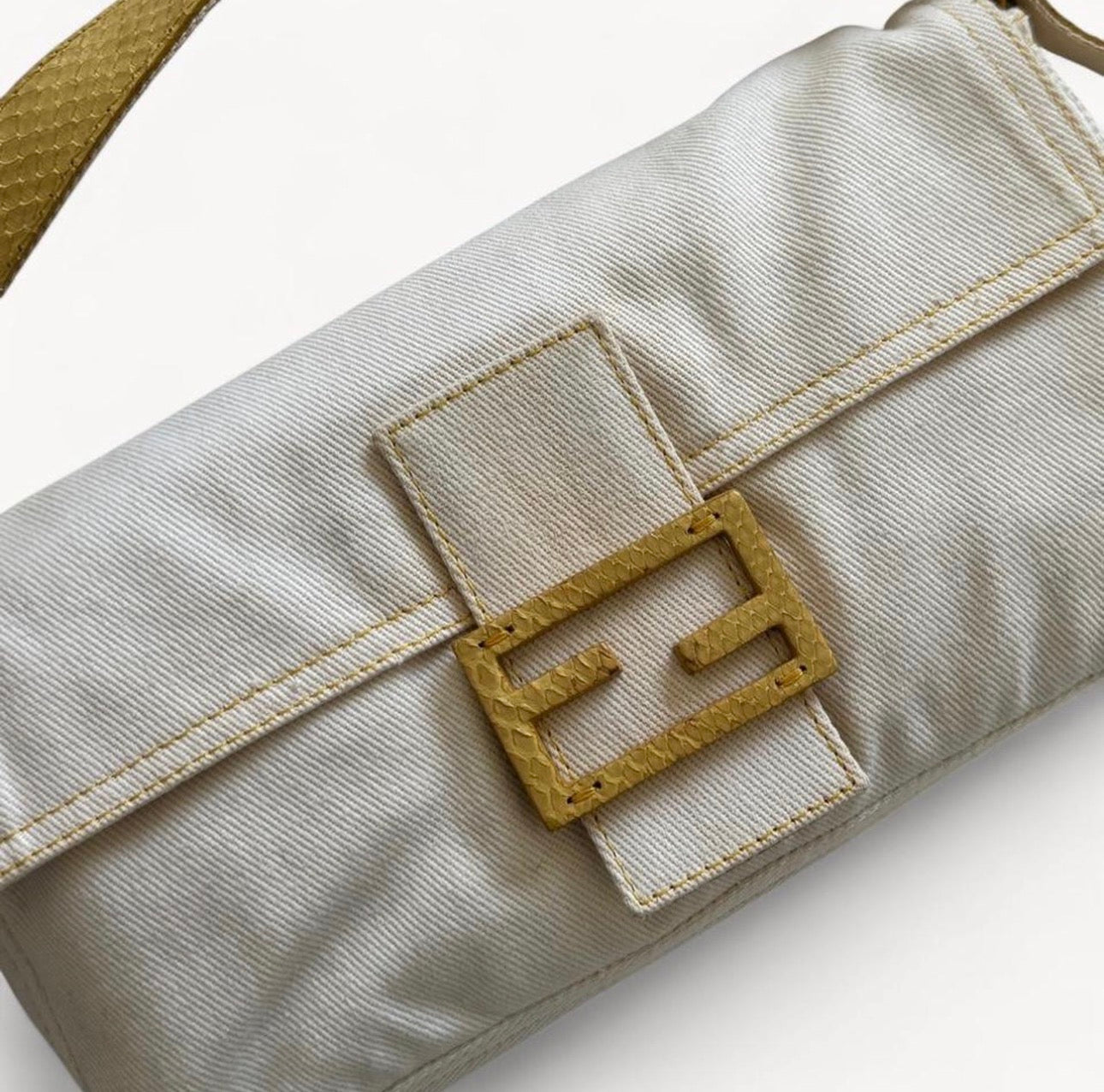 Fendi White Denim/Yellow Python Baguette Bag