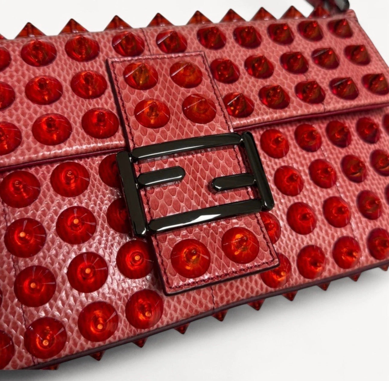 Fendi 2015 Dark Snakeskin Studded Leather Baguette Bag