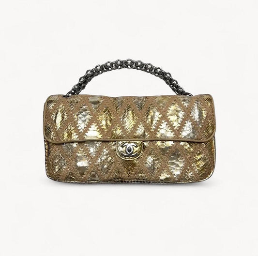 Chanel SS 2007 Gold Metallic Python Crochet Chain Flap Bag