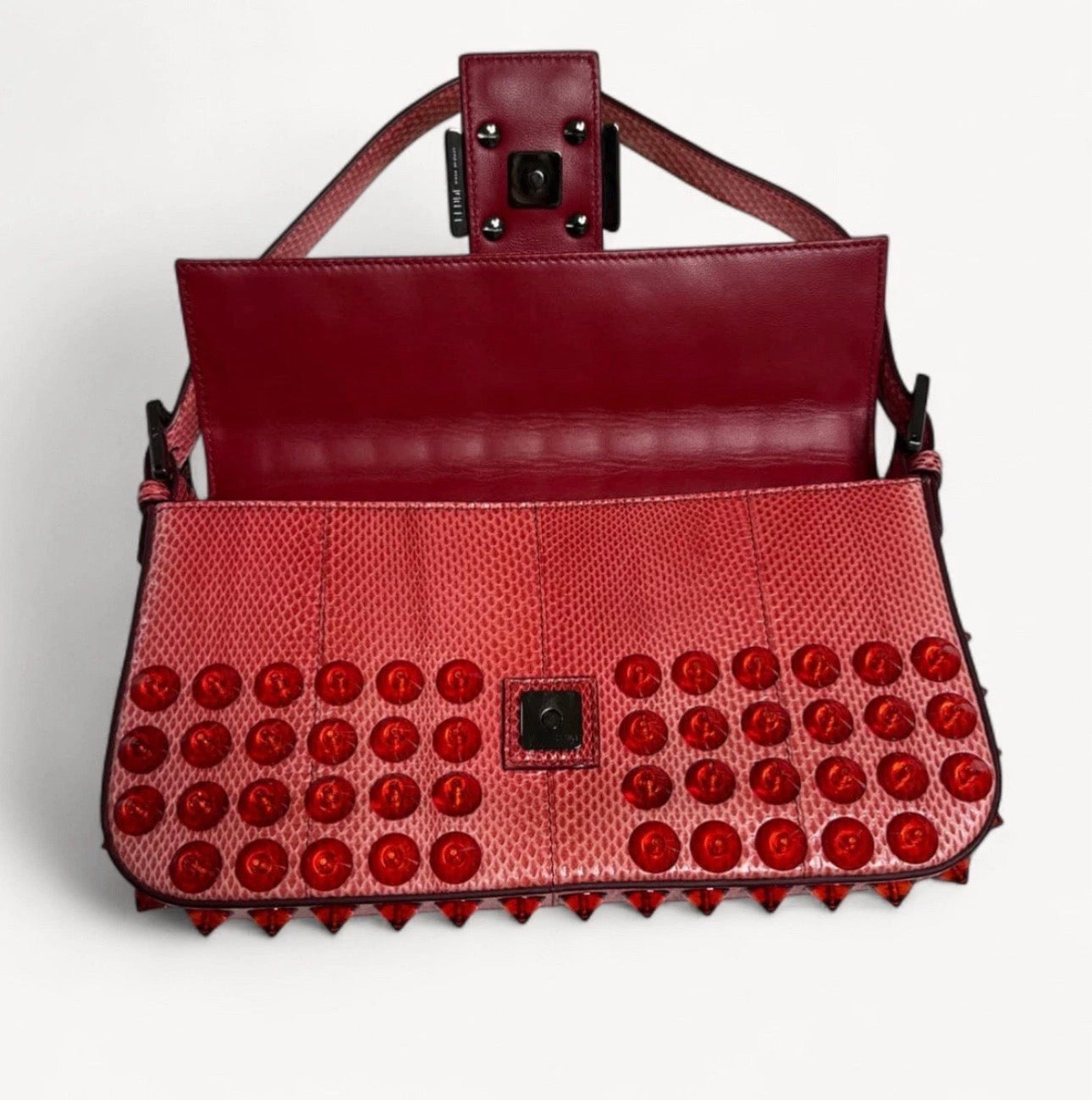 Fendi 2015 Dark Snakeskin Studded Leather Baguette Bag