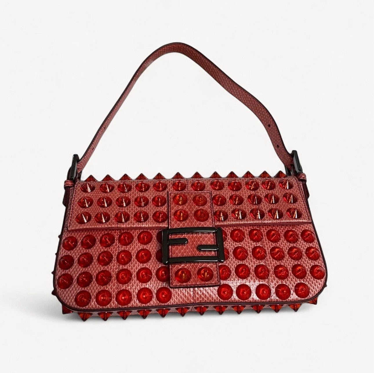 Fendi 2015 Dark Snakeskin Studded Leather Baguette Bag