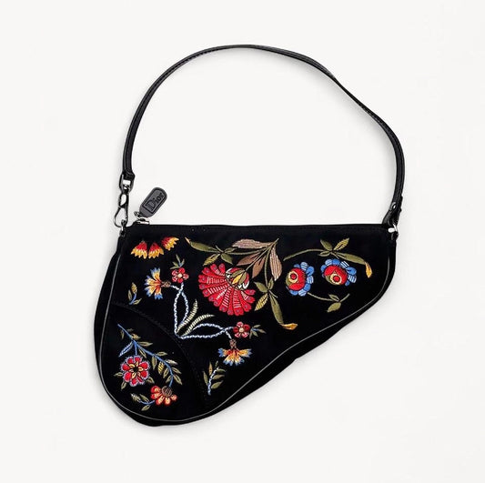 Christian Dior 2002 Embroidered Floral Mini Saddle Bag