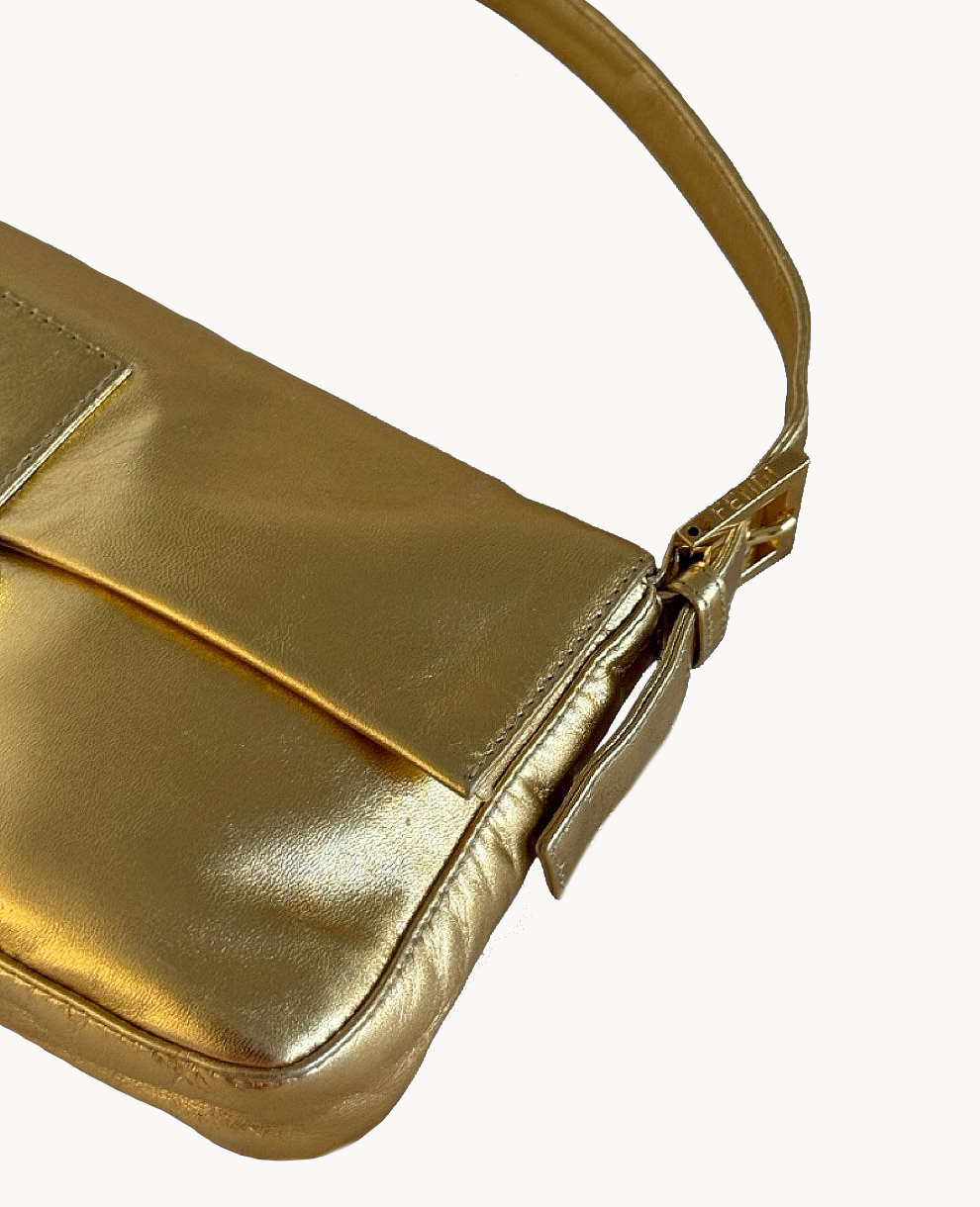 Fendi Gold Metallic Leather & Crystal Baguette Bag