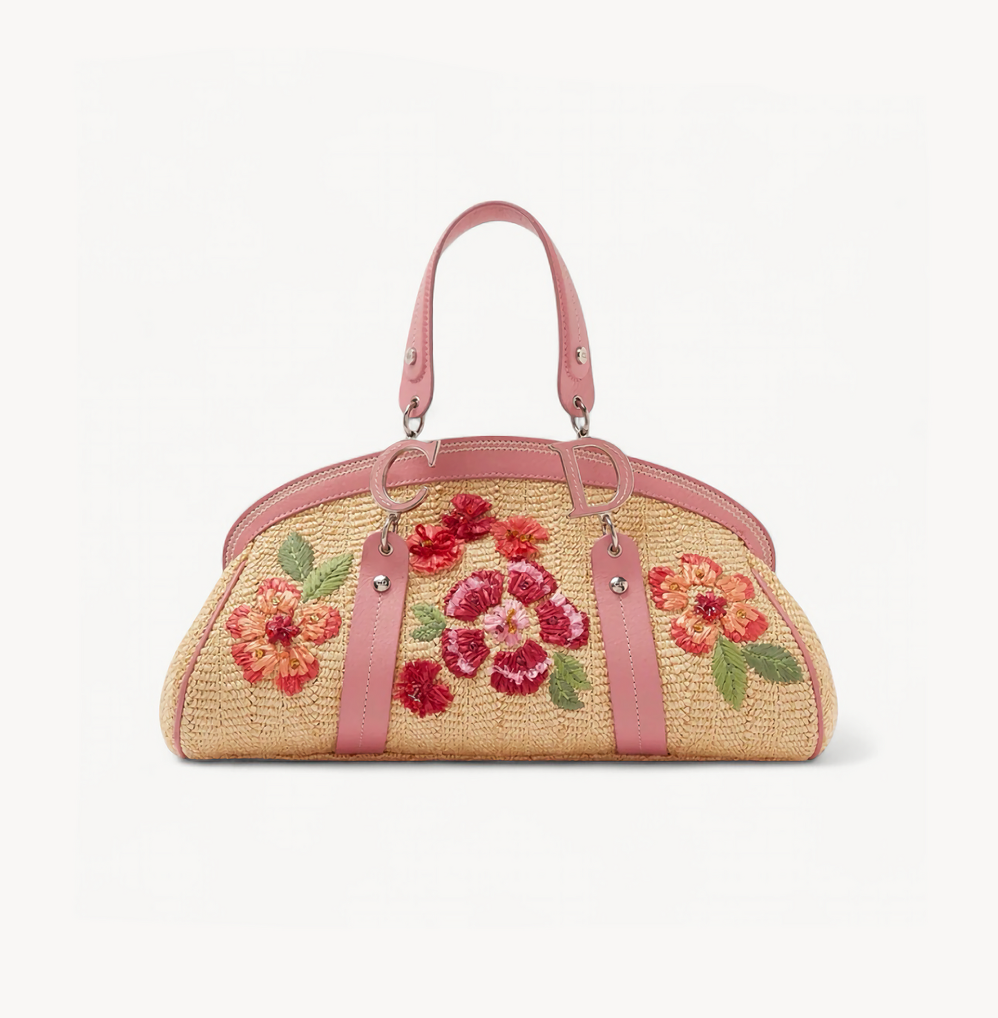 Christian Dior 2005 Limited Edition Pink Raffia Floral Wicker Detective Bag