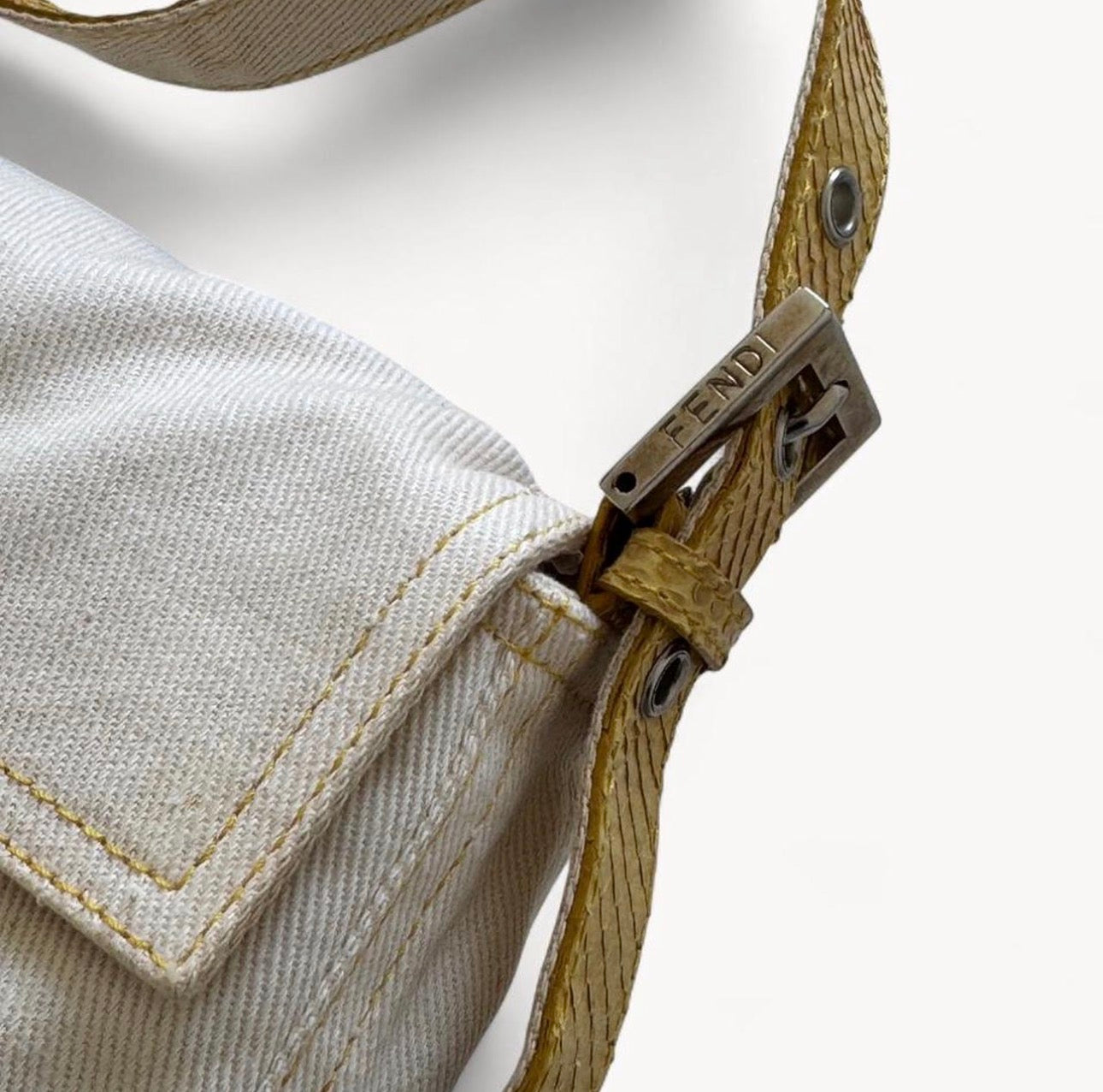 Fendi White Denim/Yellow Python Baguette Bag