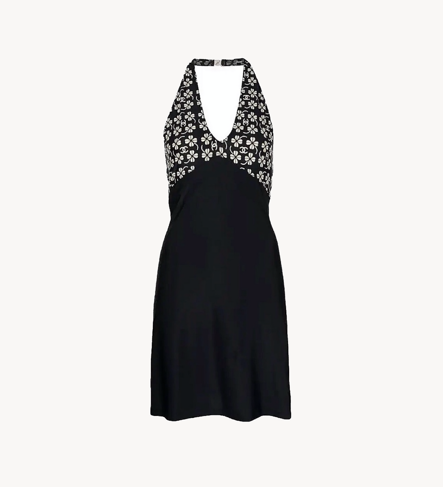 Chanel SS 2001 Floral CC Print Mini Halter Dress Open Back Black