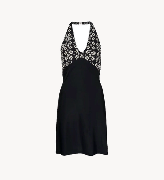 Chanel SS 2001 Floral CC Print Mini Halter Dress Open Back Black