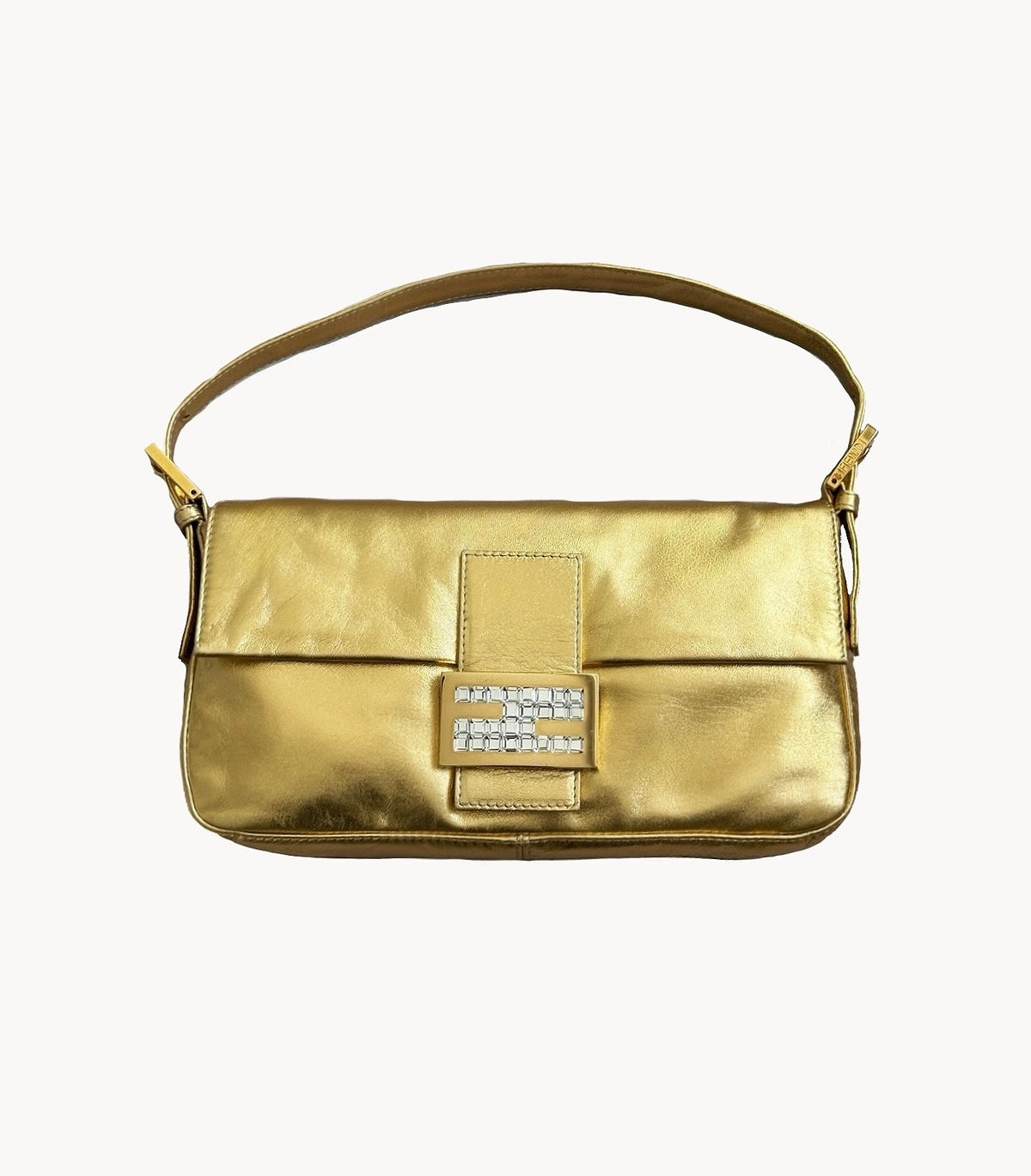 Fendi Gold Metallic Leather & Crystal Baguette Bag