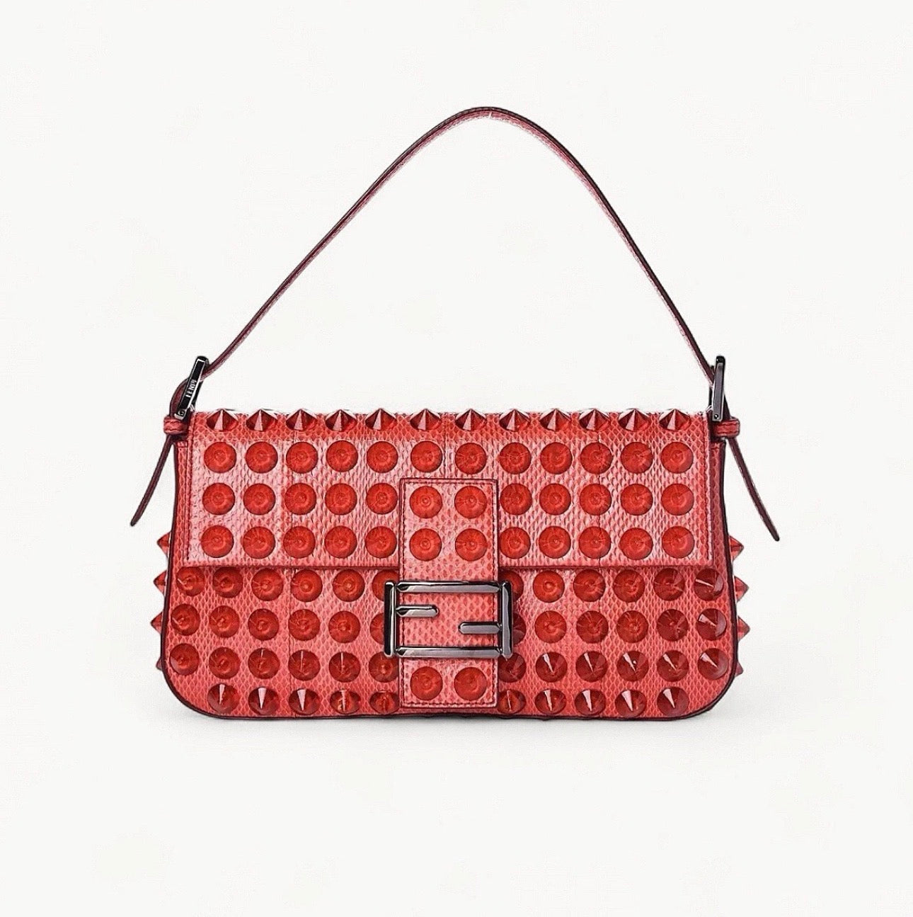 Fendi 2015 Dark Snakeskin Studded Leather Baguette Bag