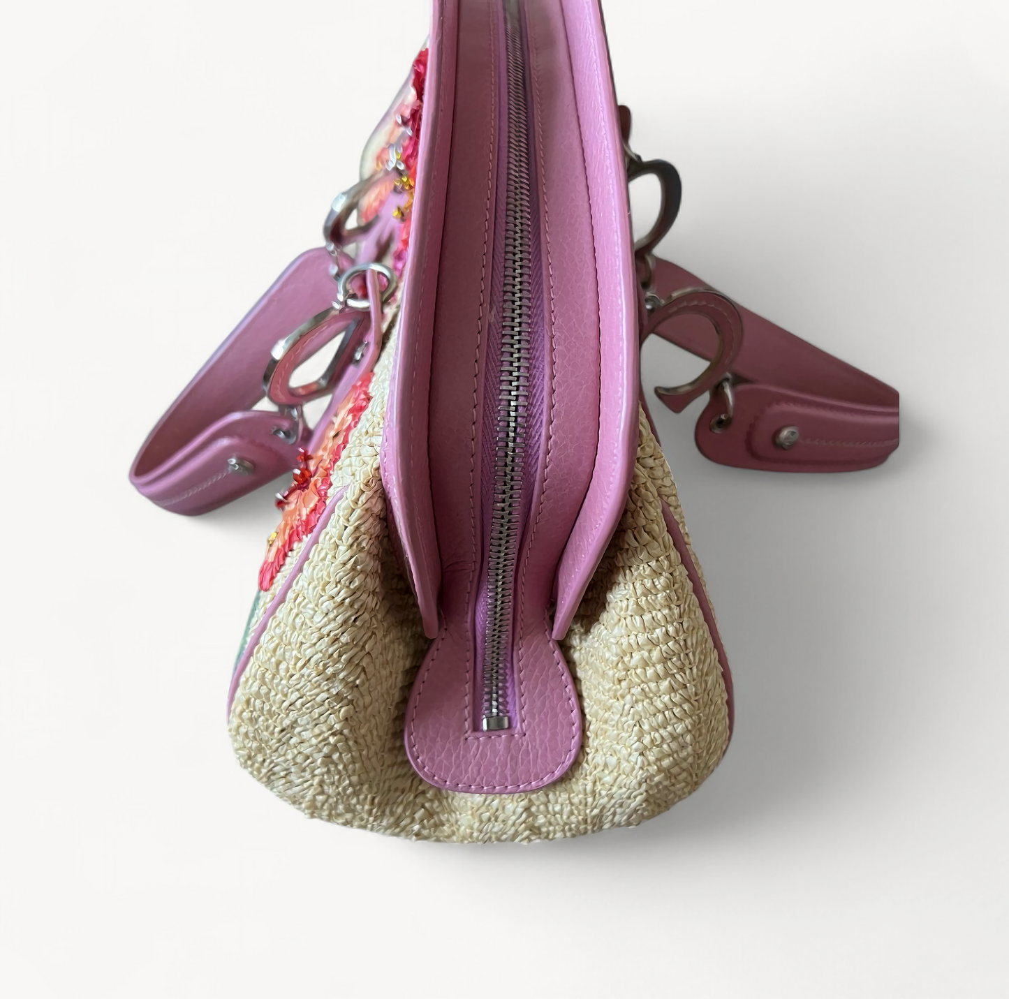 Christian Dior 2005 Limited Edition Pink Raffia Floral Wicker Detective Bag