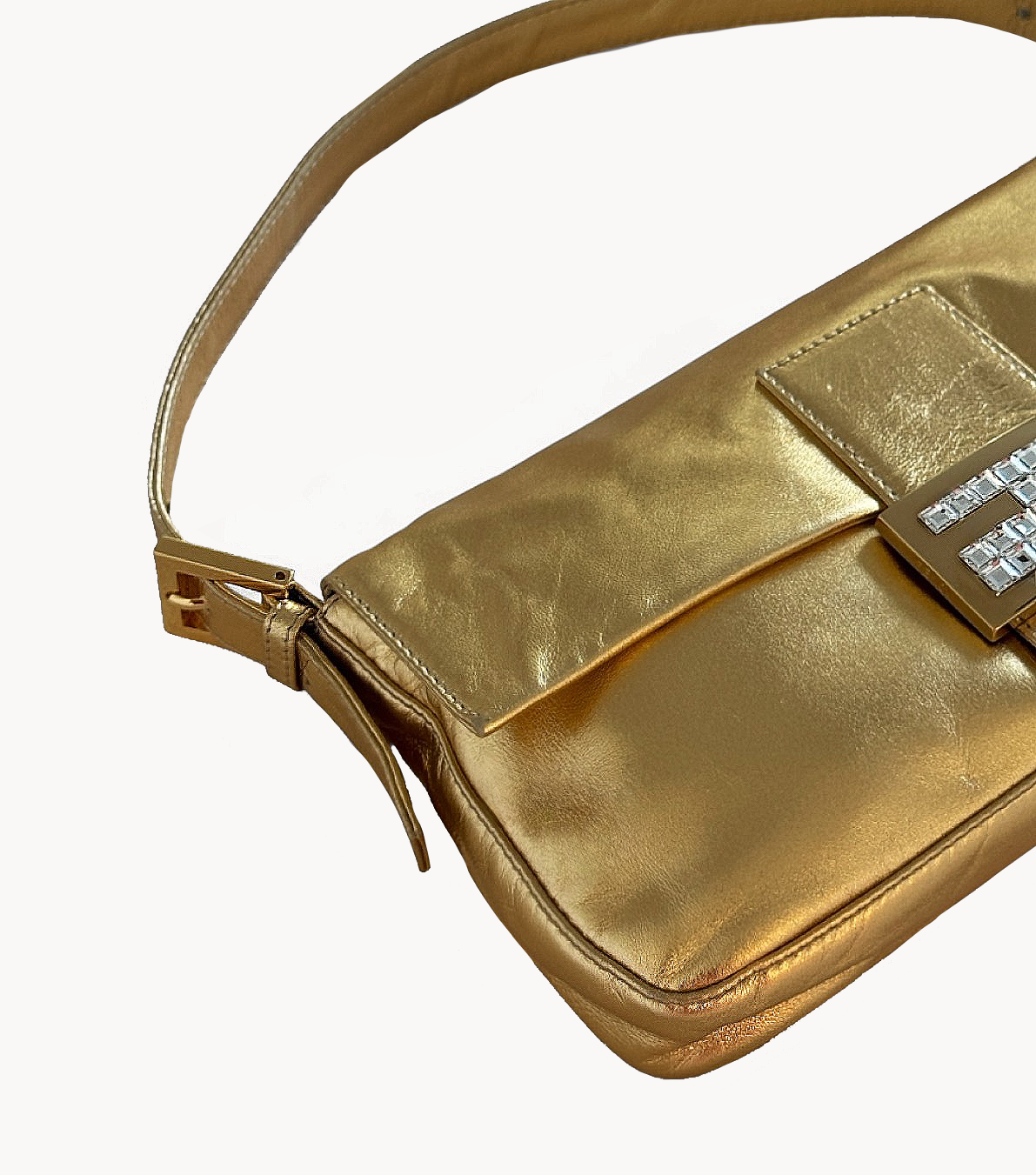Fendi Gold Metallic Leather & Crystal Baguette Bag