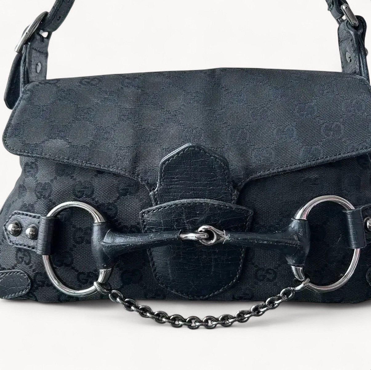 Gucci 2000s GG Canvas Horsebit Chain Shoulder Bag Black