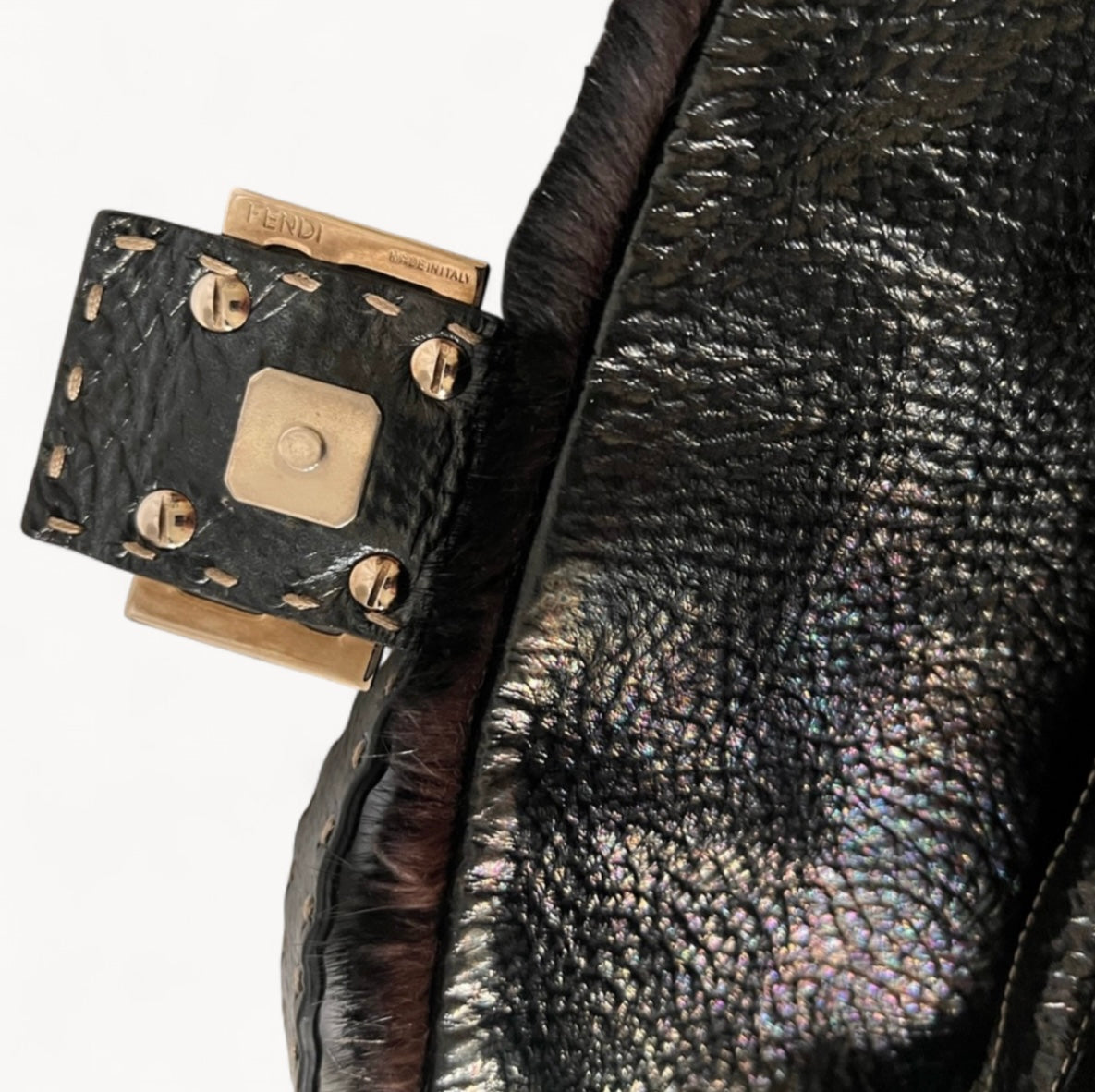 Fendi 2008 RARE Black Iridescent Mink Fur and Leather Selleria Baguette Bag