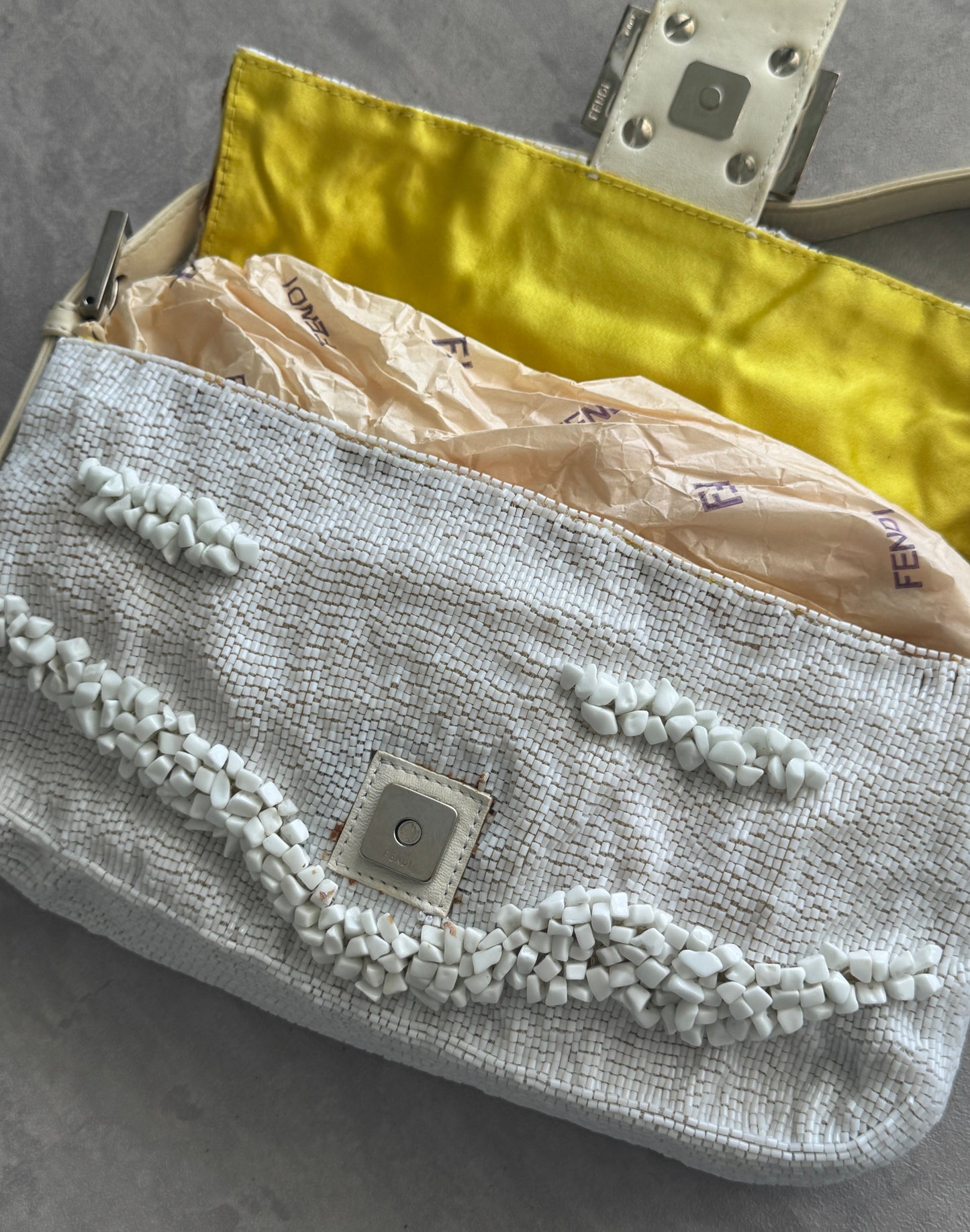 Fendi Limited Edition White Stone Beaded Baguette Bag Rare