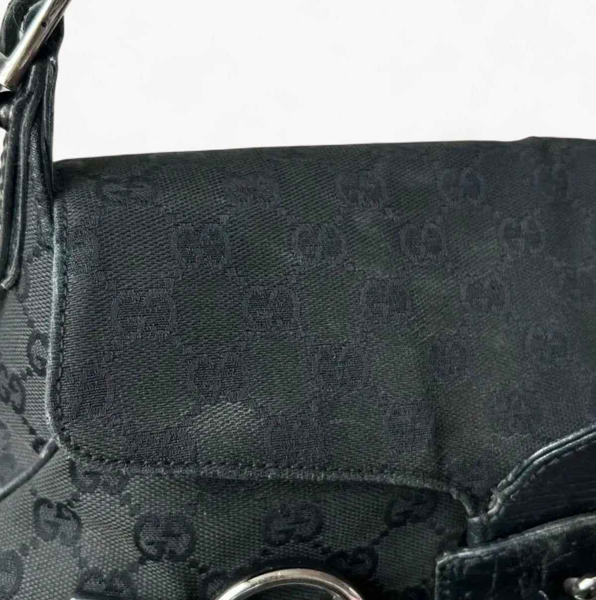 Gucci 2000s GG Canvas Horsebit Chain Shoulder Bag Black
