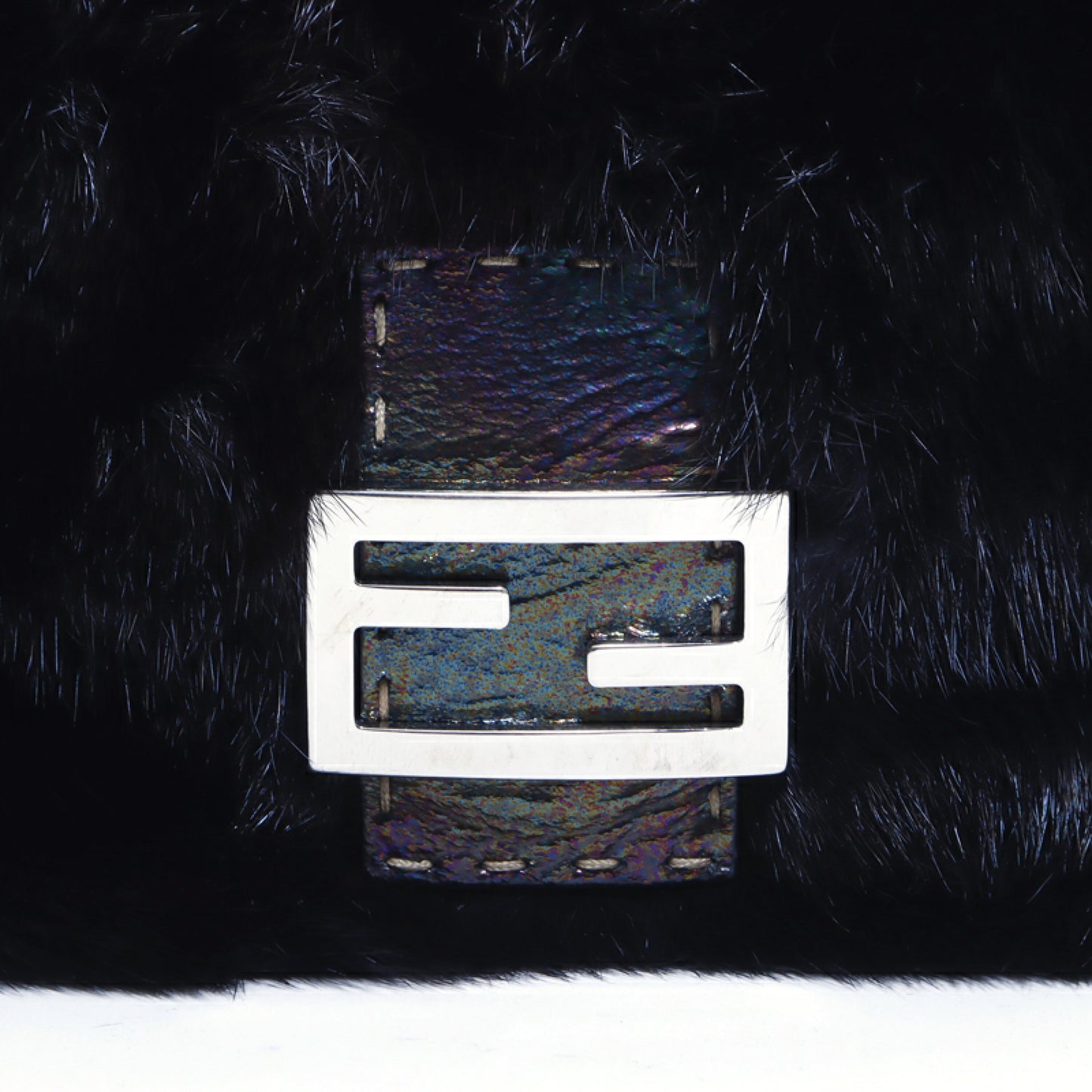 Fendi 2008 RARE Black Iridescent Mink Fur and Leather Selleria Baguette Bag