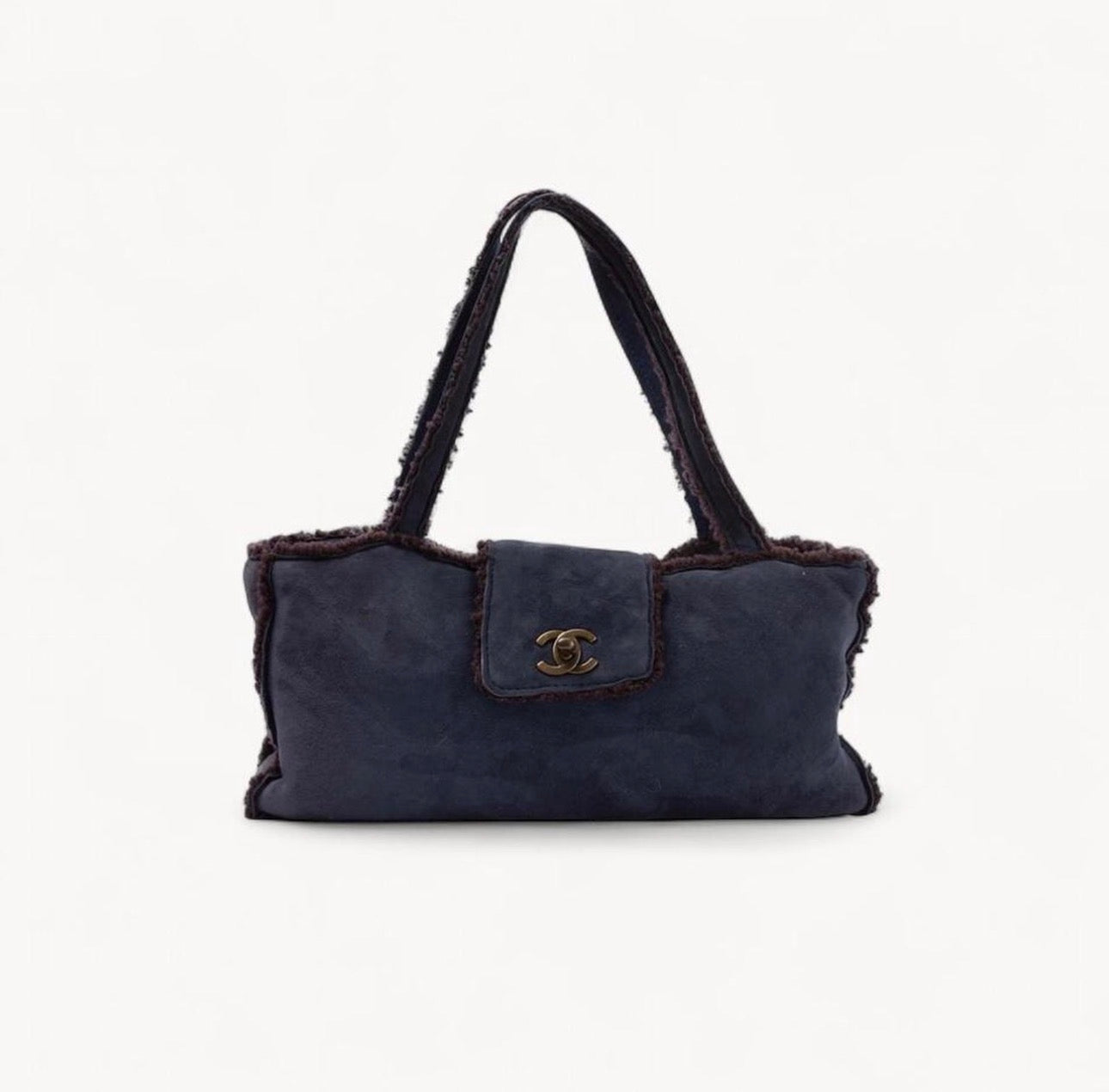 Chanel Navy Suede & Wool CC Mouton Tote Bag