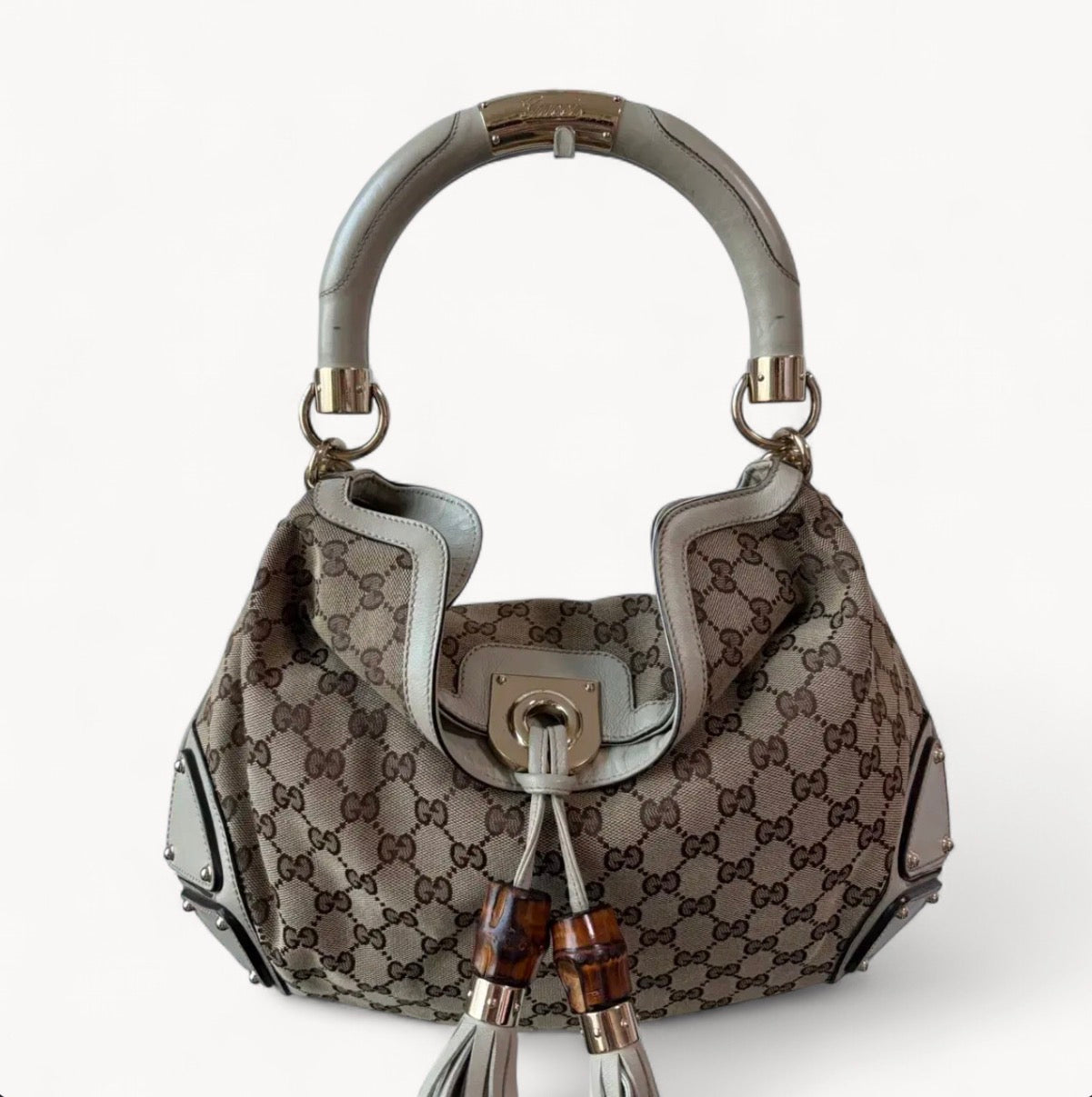 Gucci 2000s Brown GG Canvas Bamboo Tassel Indy Bag