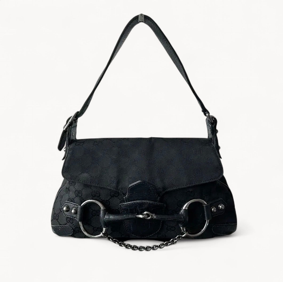 Gucci 2000s GG Canvas Horsebit Chain Shoulder Bag Black
