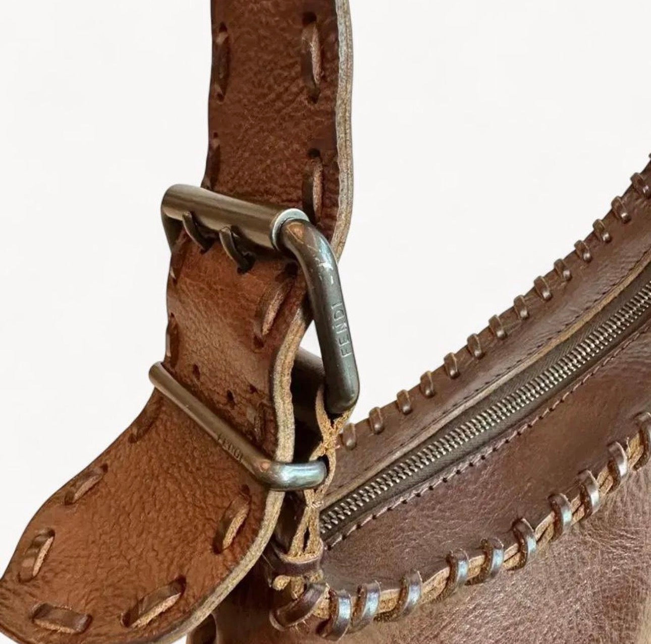 Fendi 2000s Whipstitch Oyster Leather Shoulder Bag