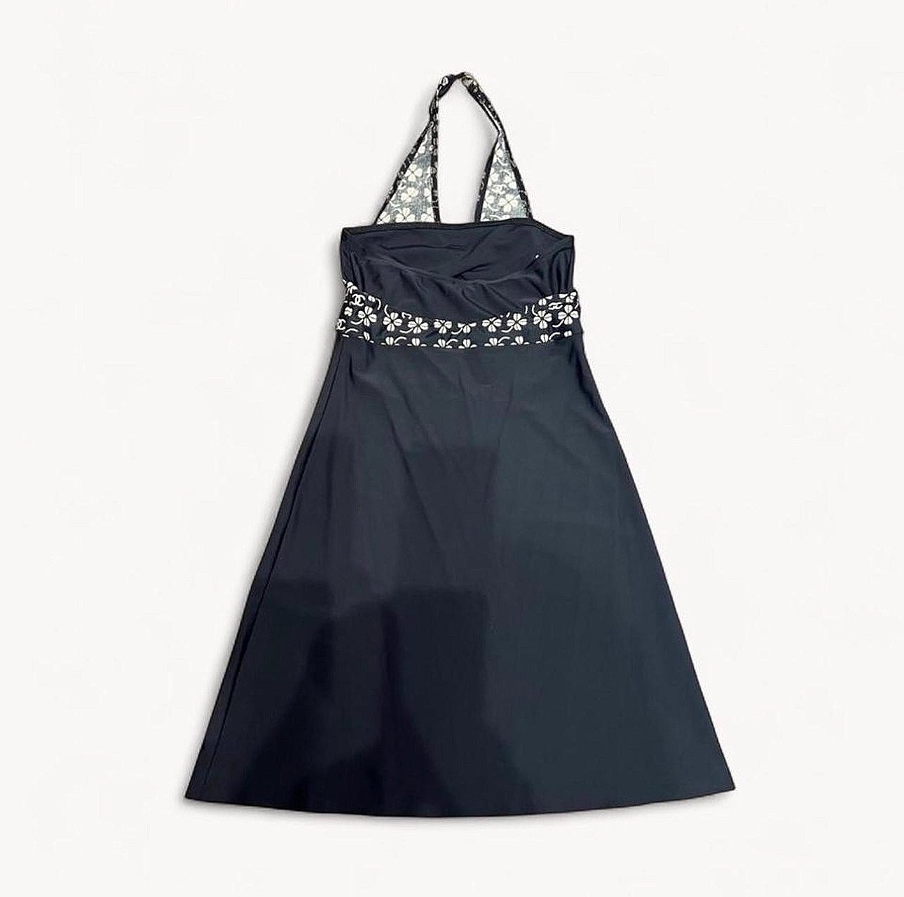 Chanel SS 2001 Floral CC Print Mini Halter Dress Open Back Black