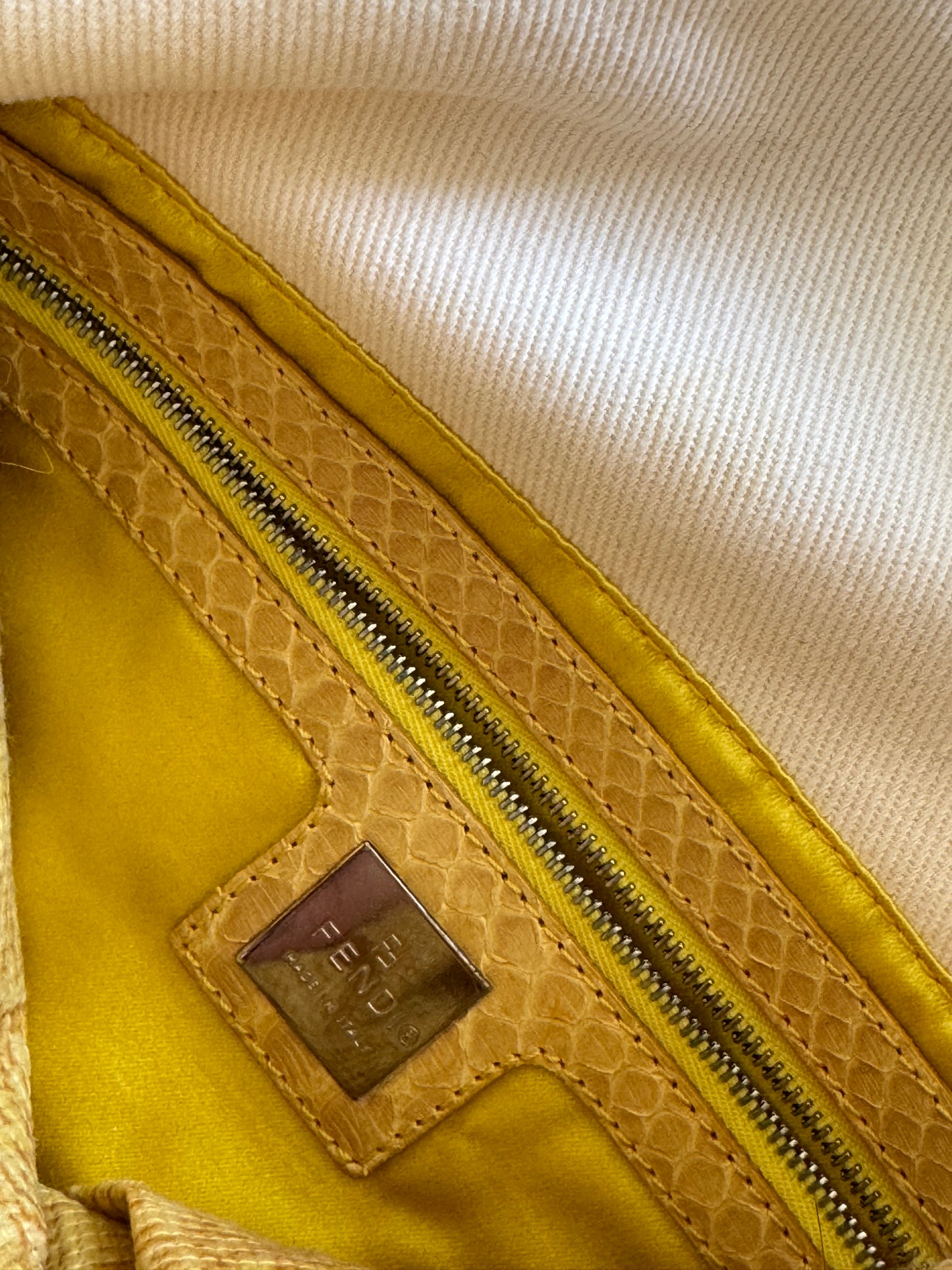 Fendi White Denim/Yellow Python Baguette Bag