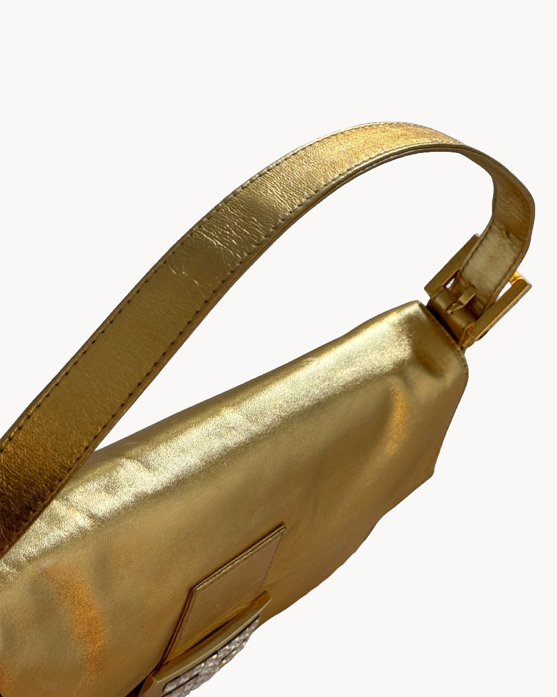 Fendi Gold Metallic Leather & Crystal Baguette Bag