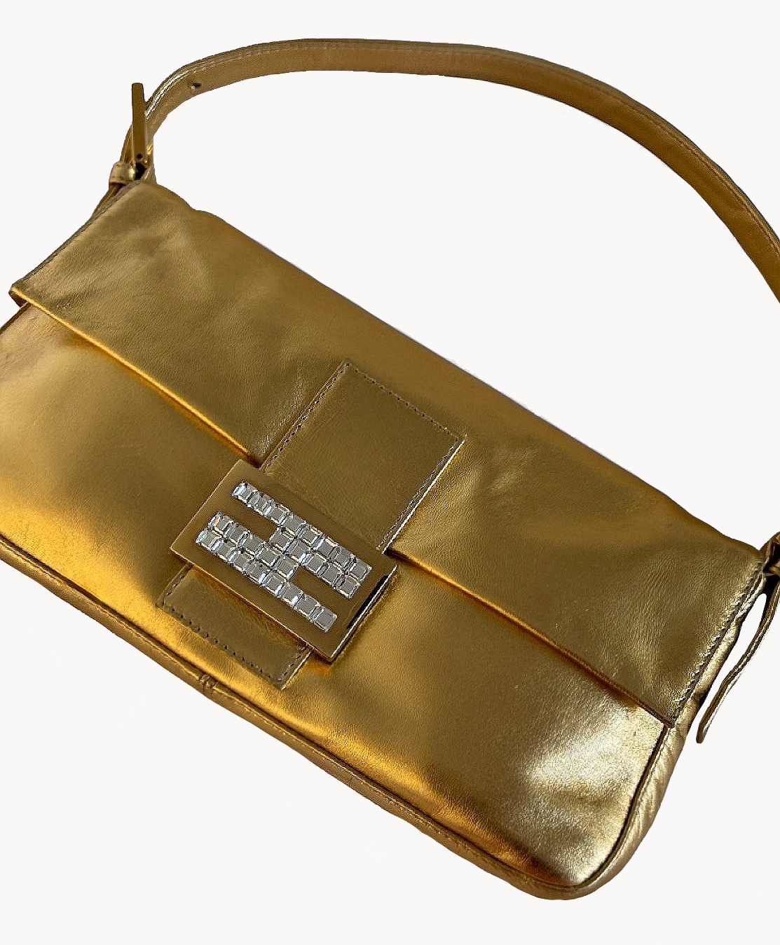 Fendi Gold Metallic Leather & Crystal Baguette Bag
