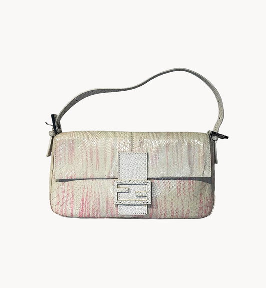 Fendi White/Pink Python Snakeskin Baguette Bag