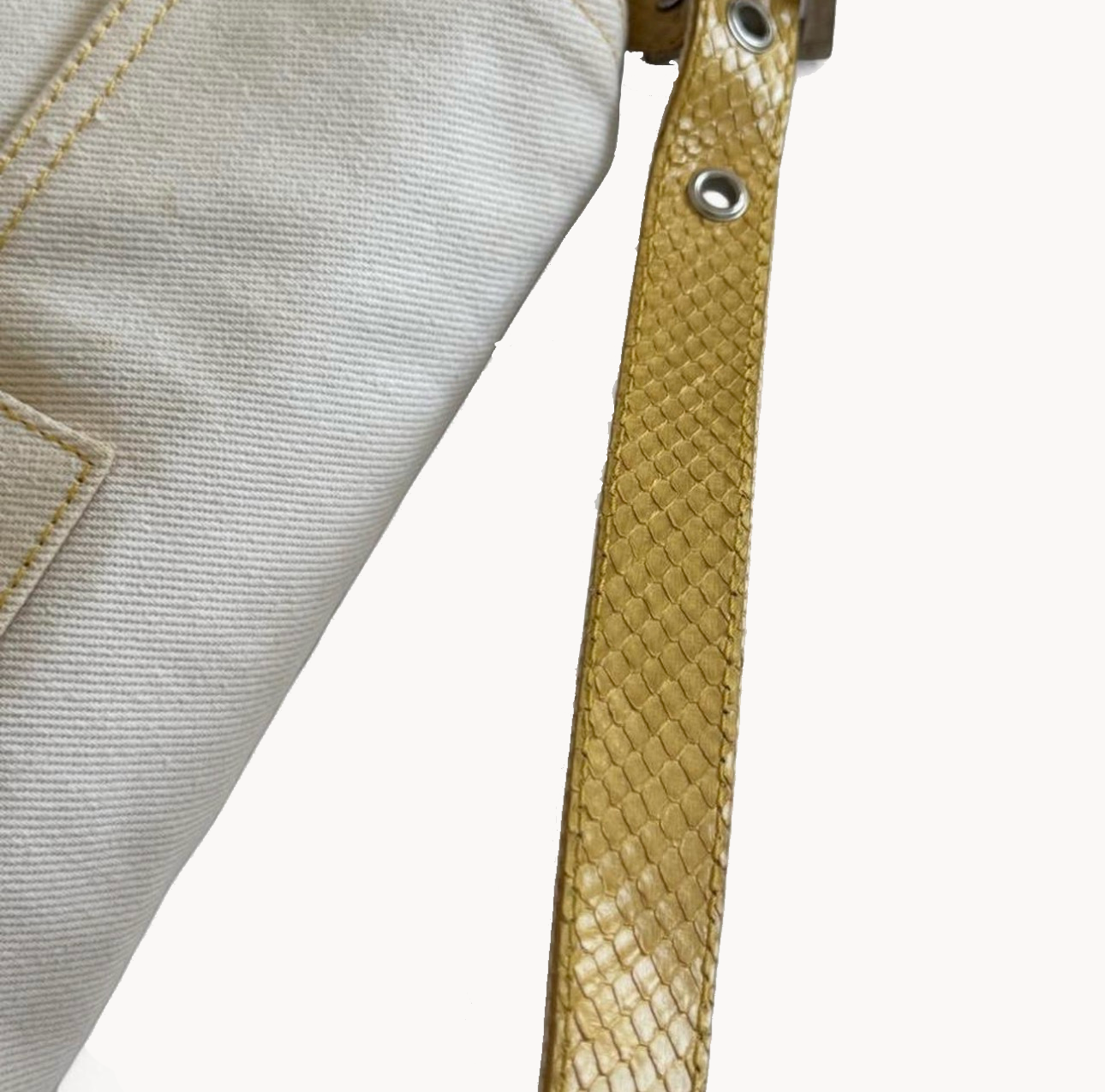 Fendi White Denim/Yellow Python Baguette Bag