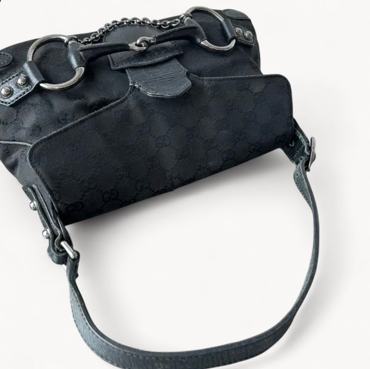 Gucci 2000s GG Canvas Horsebit Chain Shoulder Bag Black