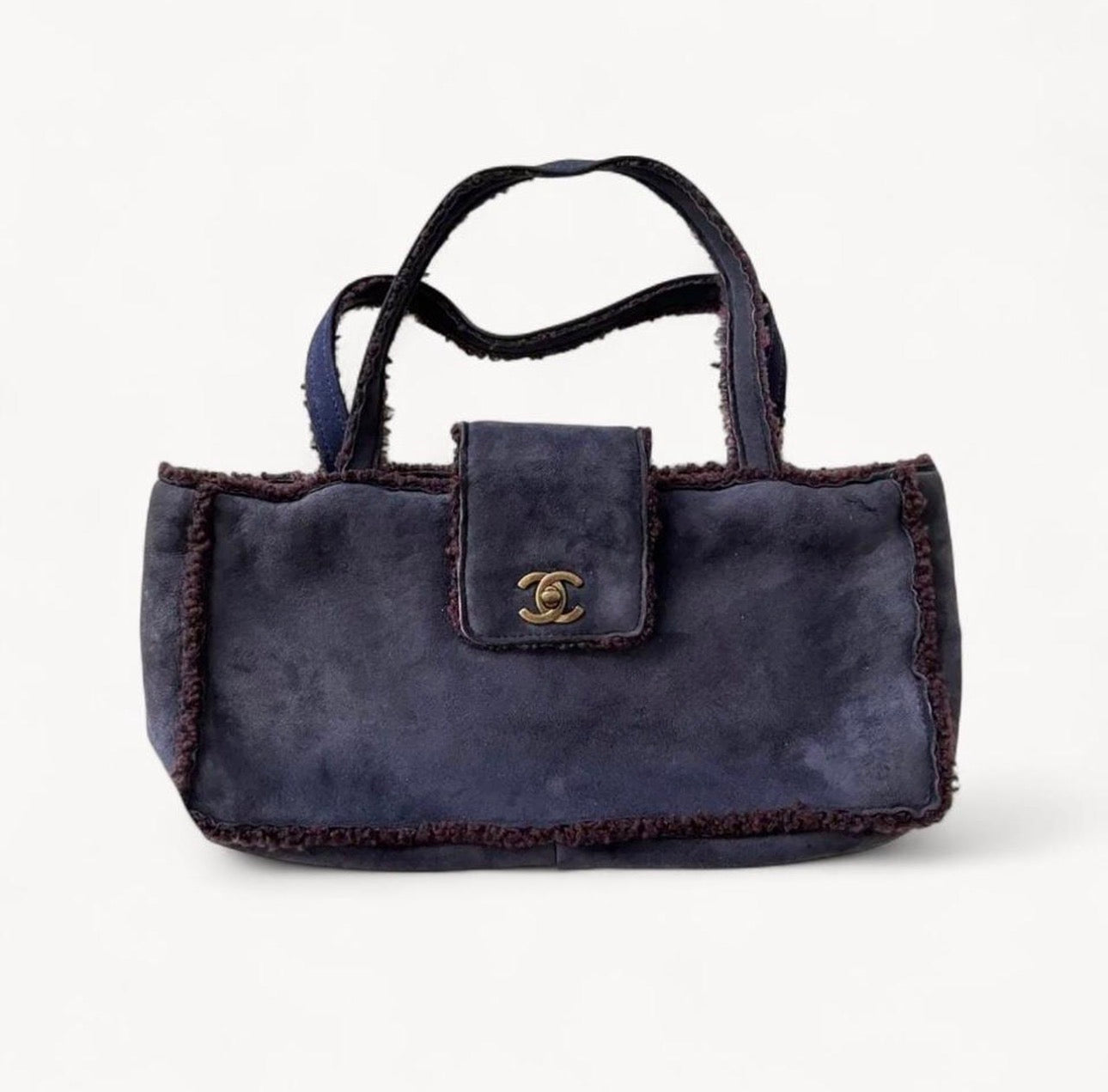 Chanel Navy Suede & Wool CC Mouton Tote Bag