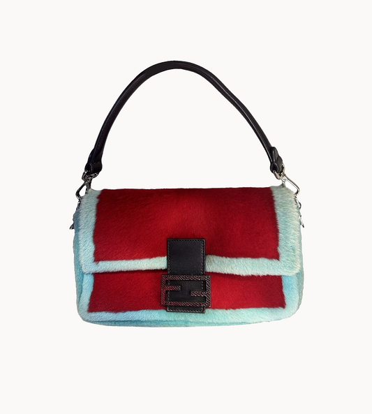 Fendi Baguette Red & Turquoise Fur with Snakeskin FF Clasp 25th Anniversary Re-issue