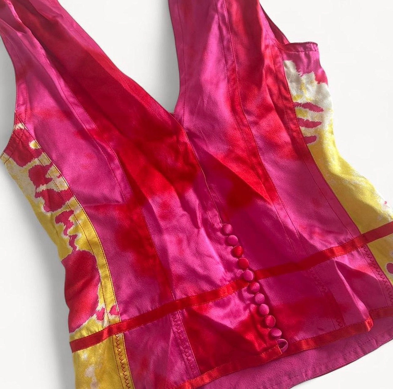 Christian Dior FW 2003 Hot Pink & Yellow Silk Corset Style Top