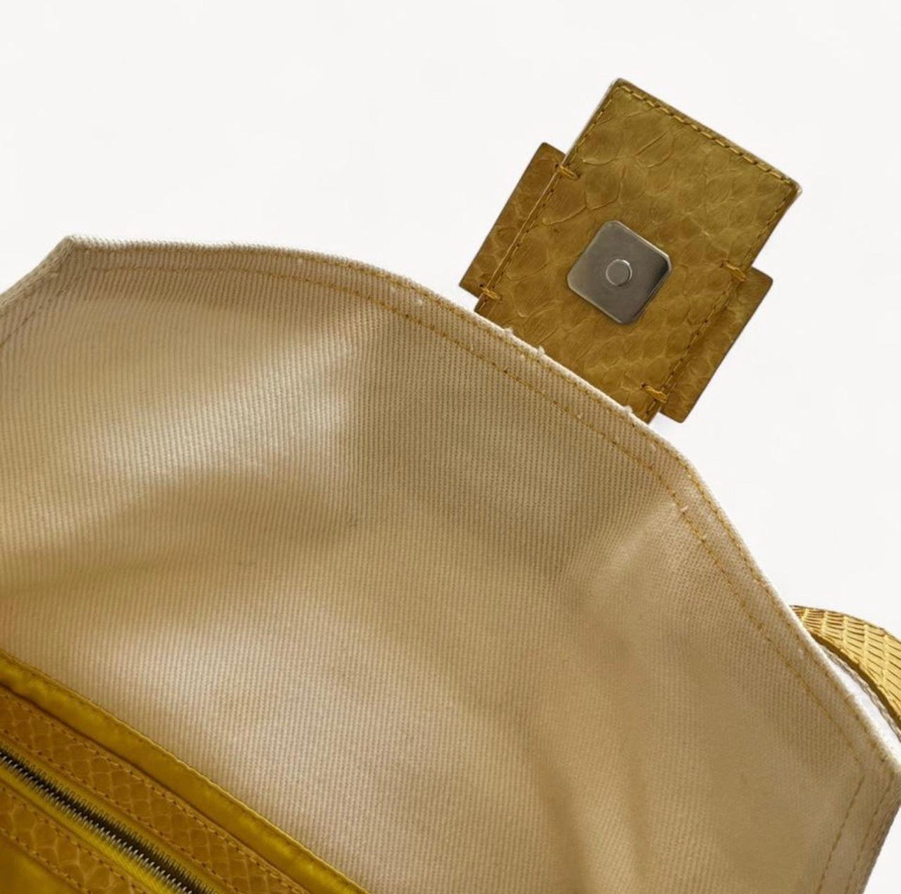 Fendi White Denim/Yellow Python Baguette Bag