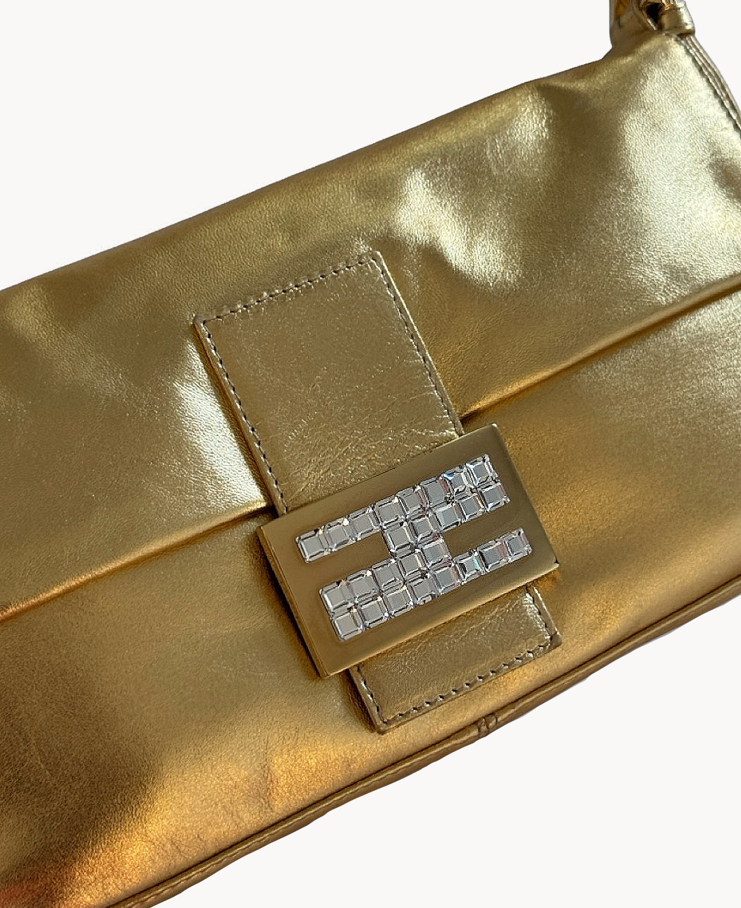 Fendi Gold Metallic Leather & Crystal Baguette Bag
