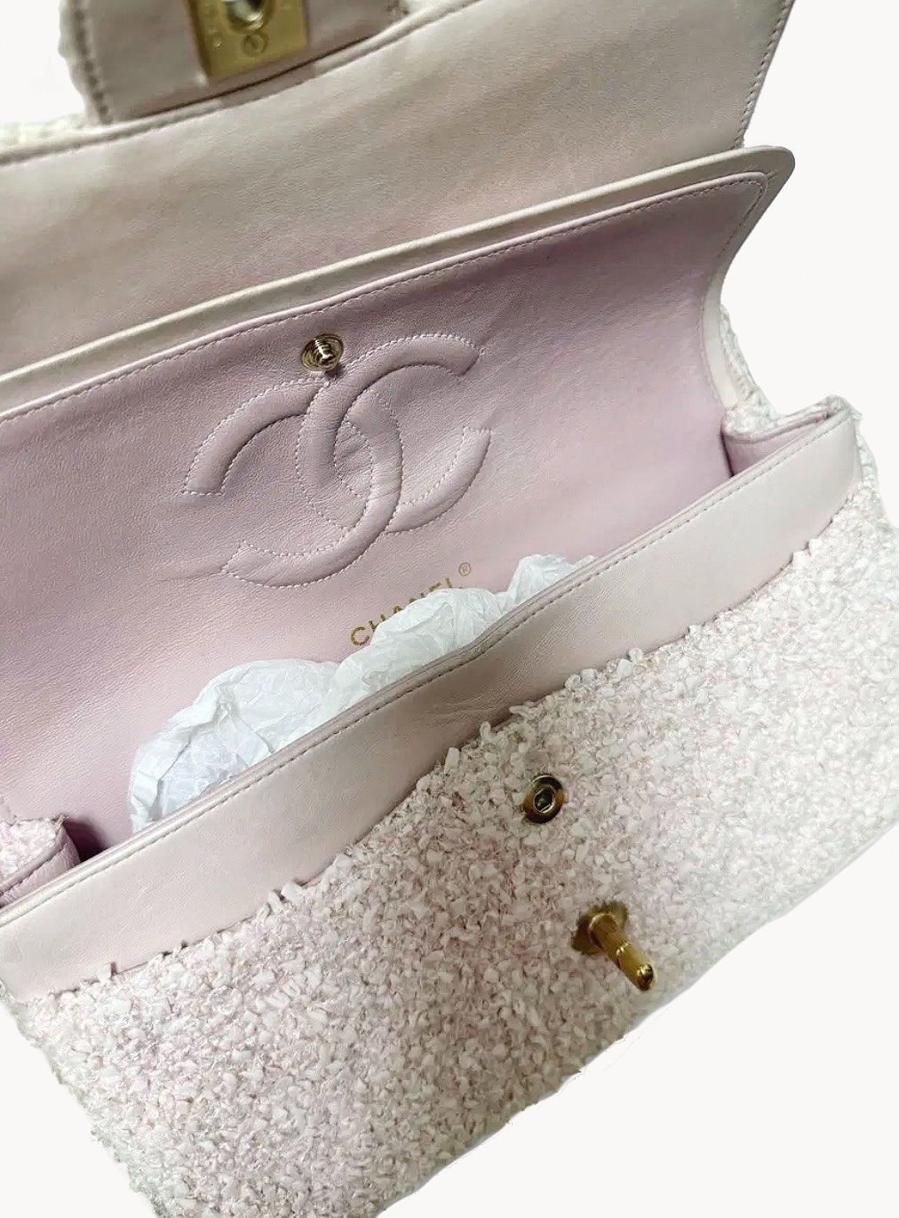 Chanel Medium Flap Bag Pink & White Tweed Brushed Gold Hardware