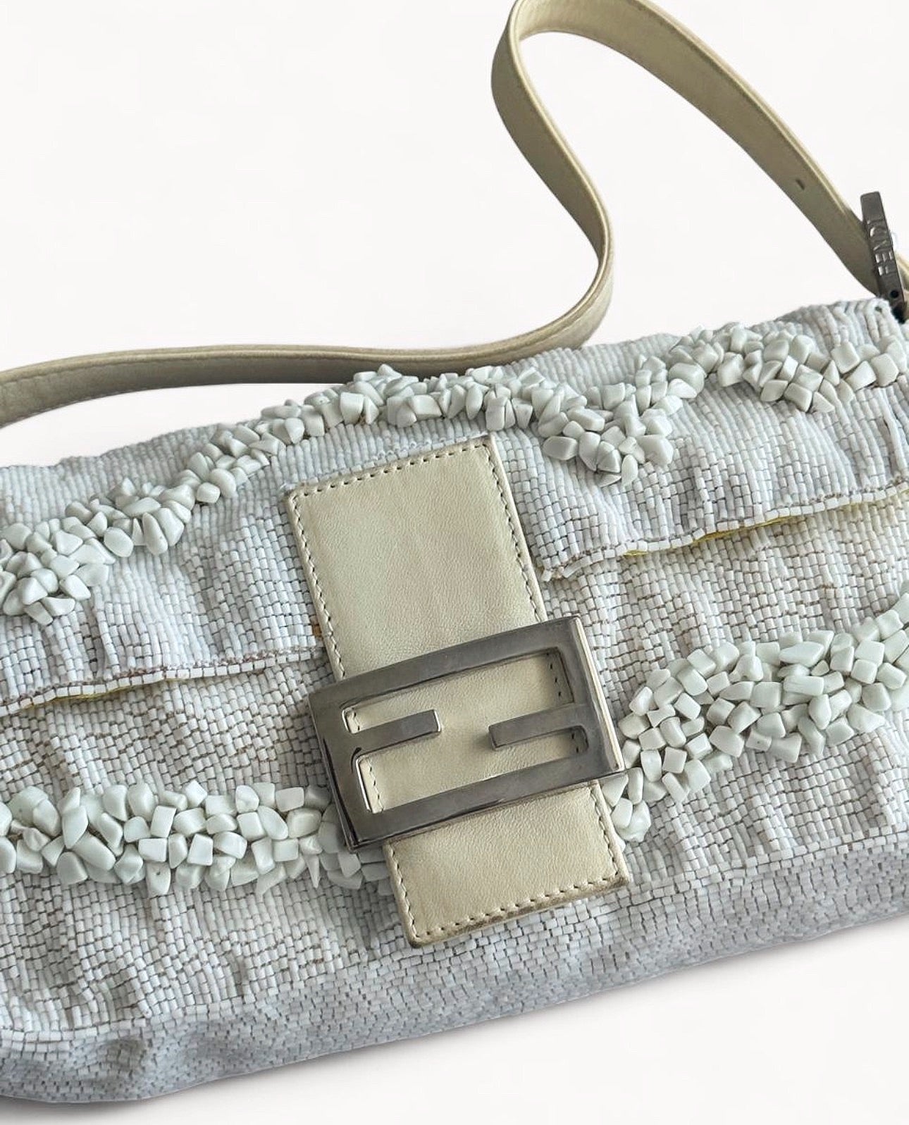 Fendi Limited Edition White Stone Beaded Baguette Bag Rare