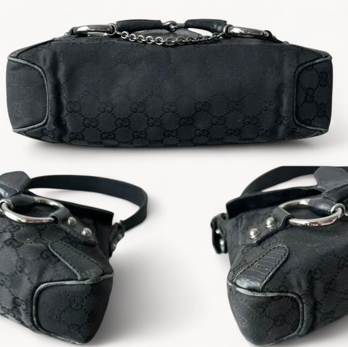 Gucci 2000s GG Canvas Horsebit Chain Shoulder Bag Black