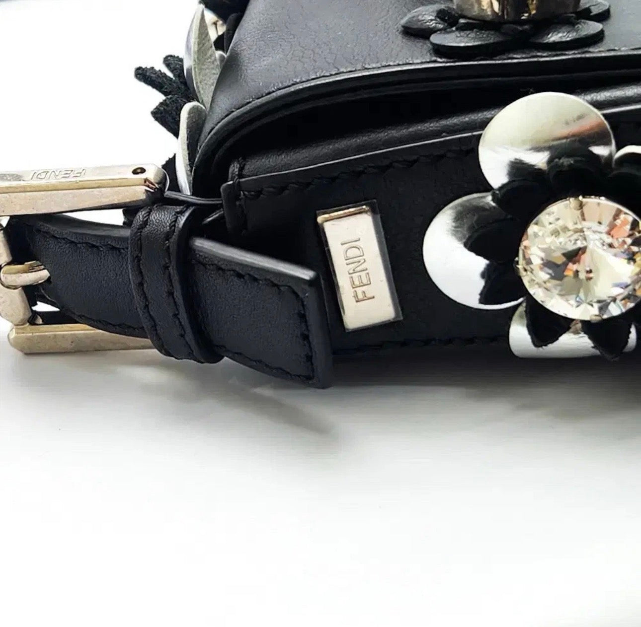 Fendi Rare Floral Embellished Baguette Bag In Black Leather