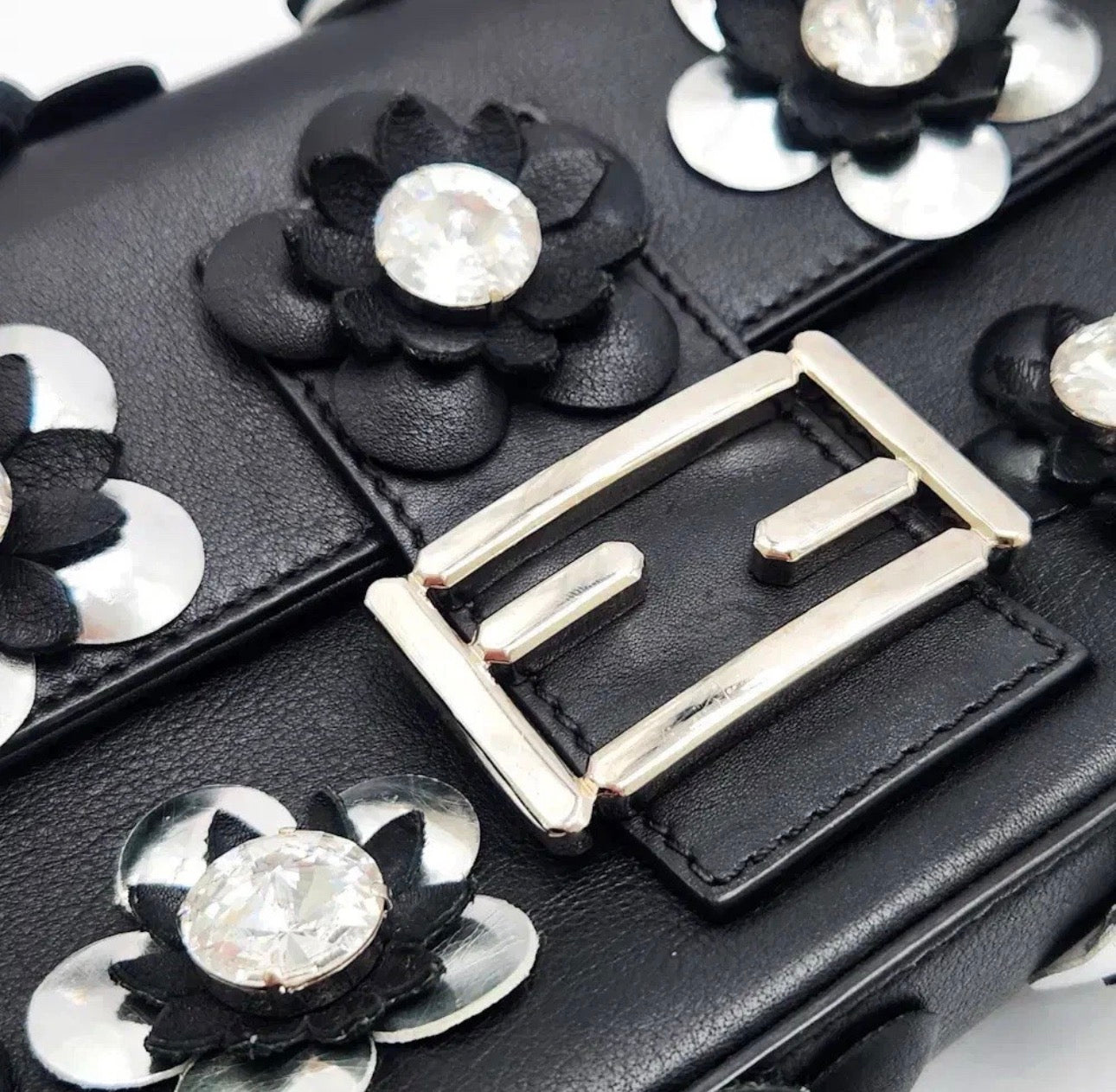 Fendi Rare Floral Embellished Baguette Bag In Black Leather