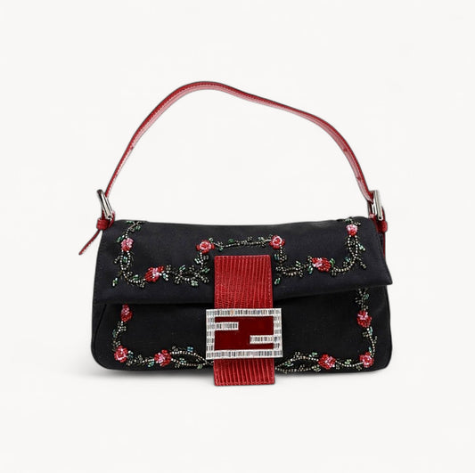 Fendi Rose Beaded Lizard-trimmed Neoprene Baguette bag