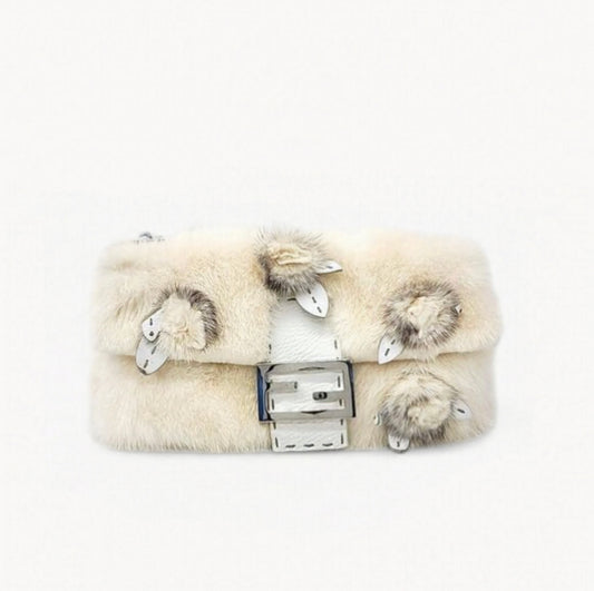 Fendi 2008 Selleria White Mink Fur and Leather Floral Baguette Bag