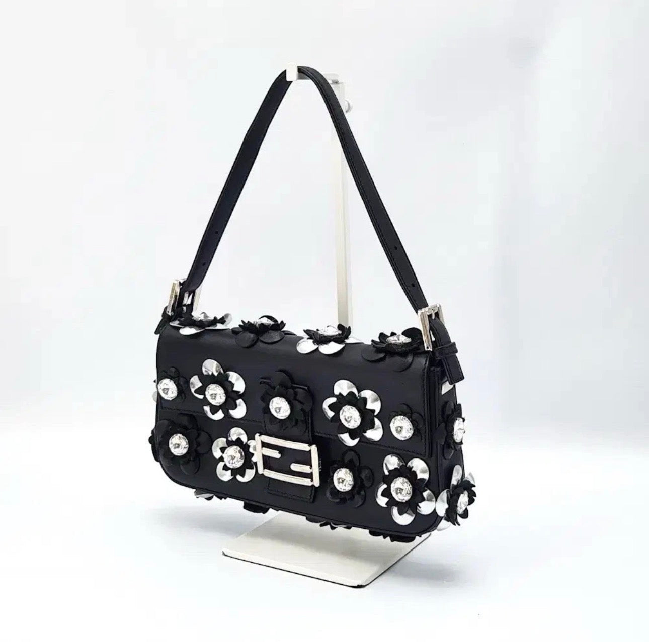 Fendi Rare Floral Embellished Baguette Bag In Black Leather