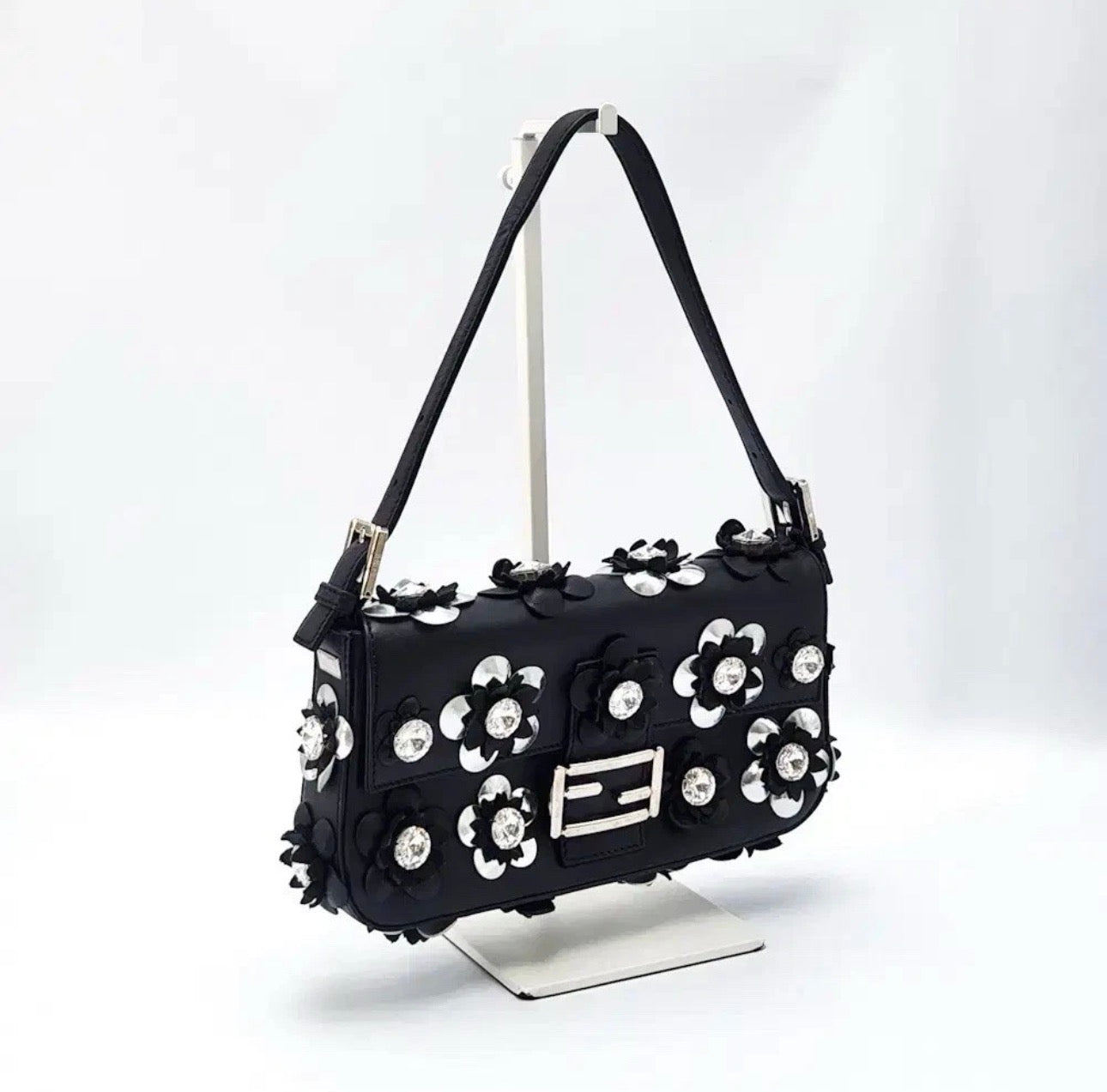 Fendi Rare Floral Embellished Baguette Bag In Black Leather