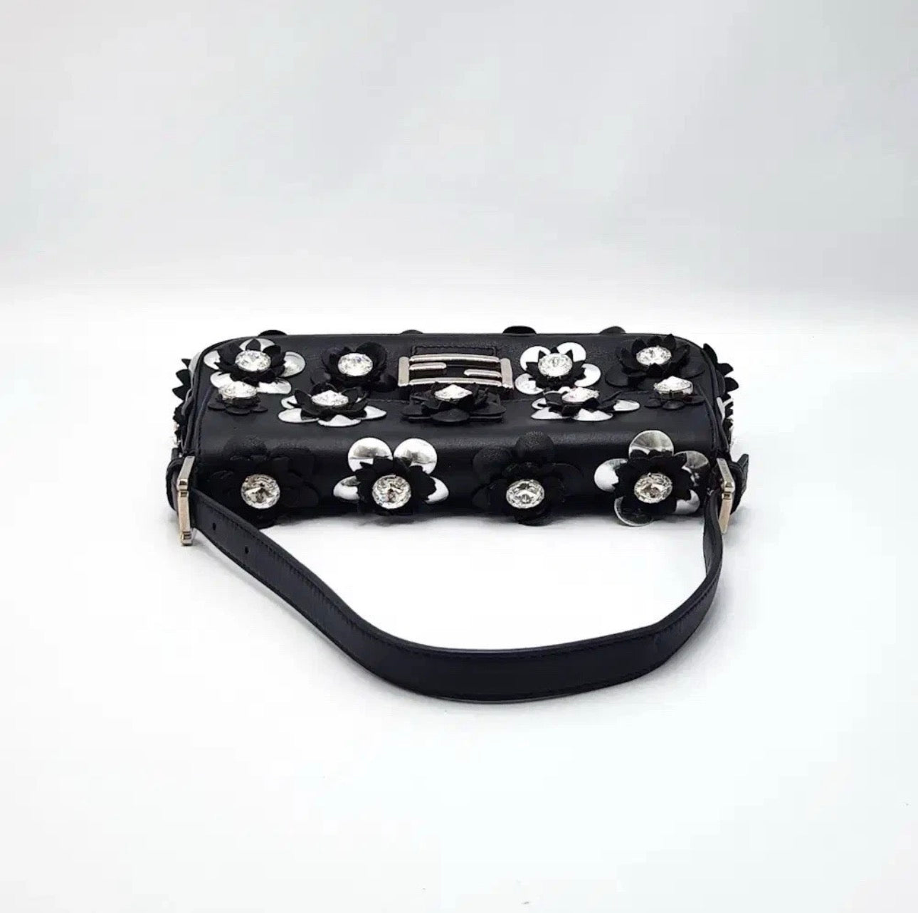 Fendi Rare Floral Embellished Baguette Bag In Black Leather