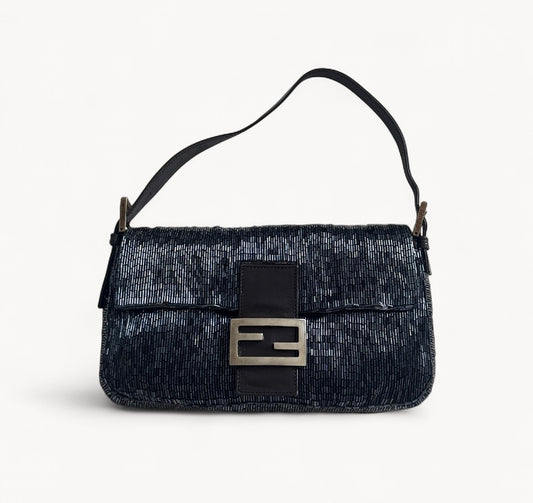 Fendi 2009 Beaded Sequins Dark Blue Baguette Bag