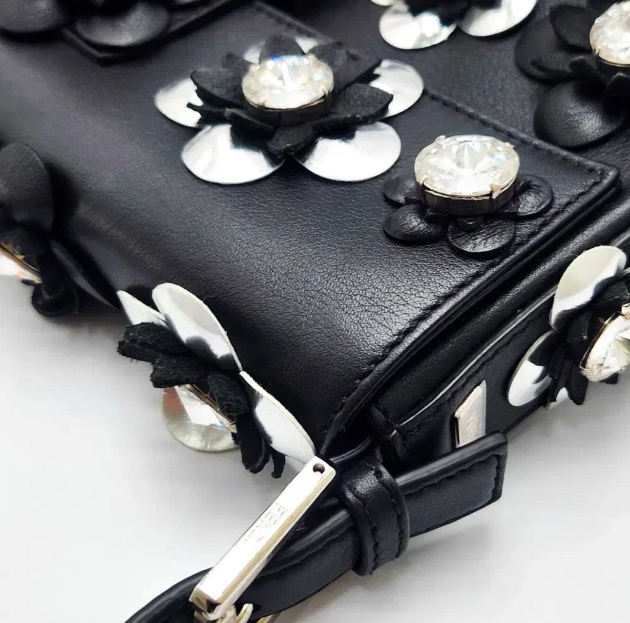 Fendi Rare Floral Embellished Baguette Bag In Black Leather