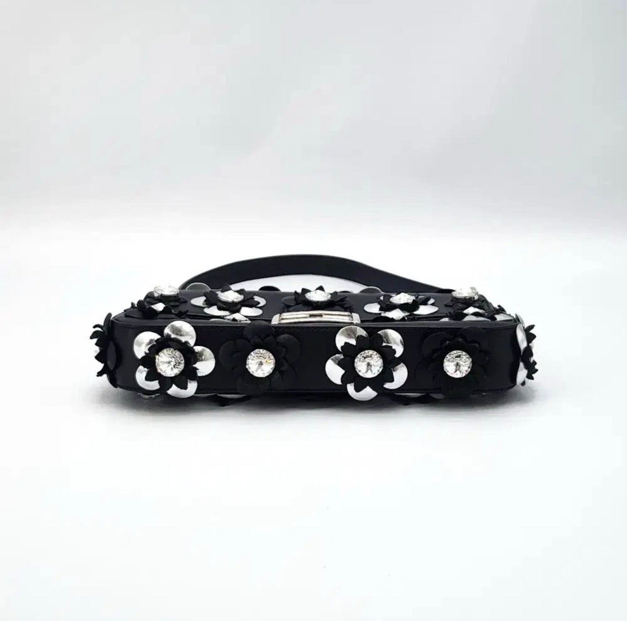 Fendi Rare Floral Embellished Baguette Bag In Black Leather